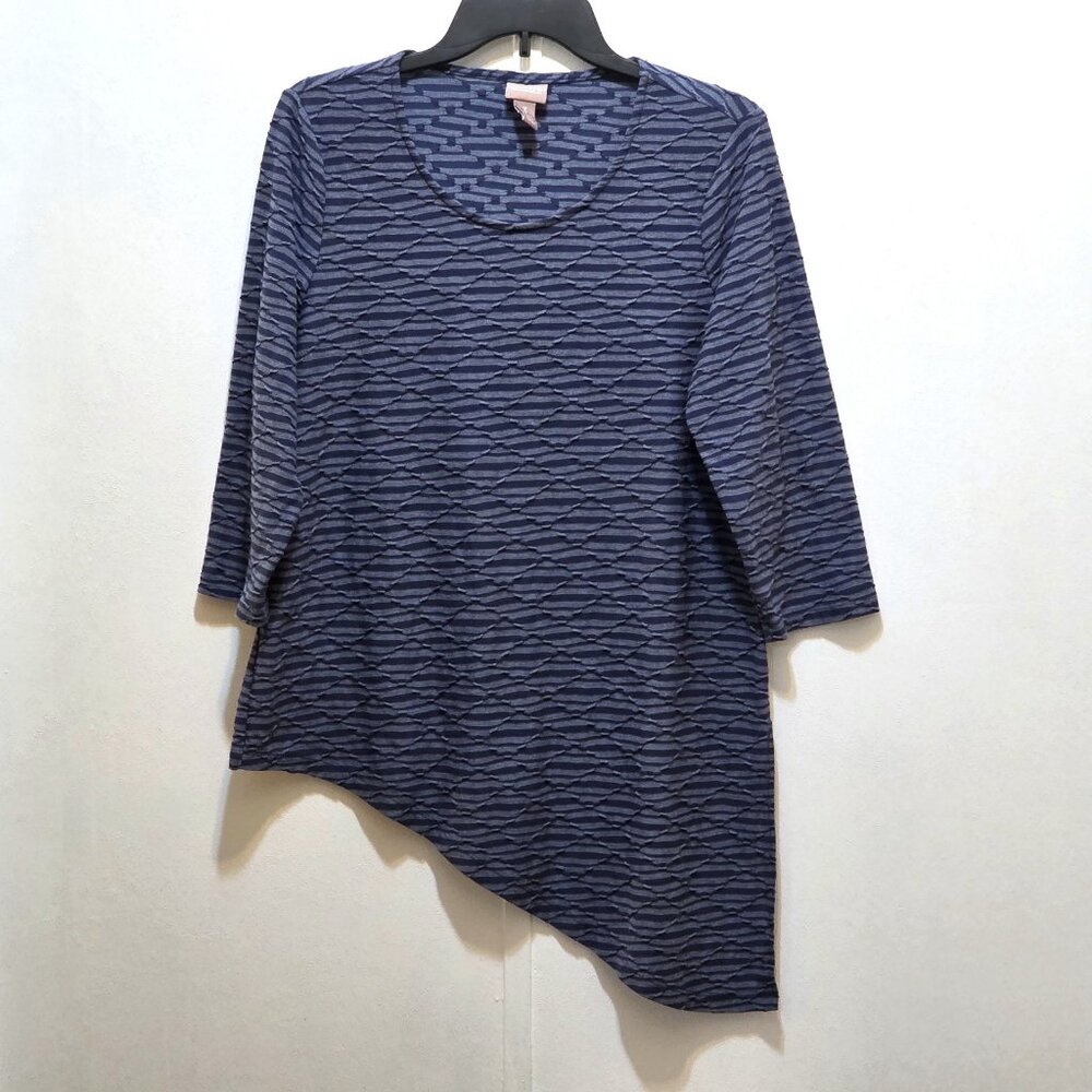 Chico's Blue Striped Textured Asymmetrical Top 3 XL 16 3/4 Sleeve Blouse